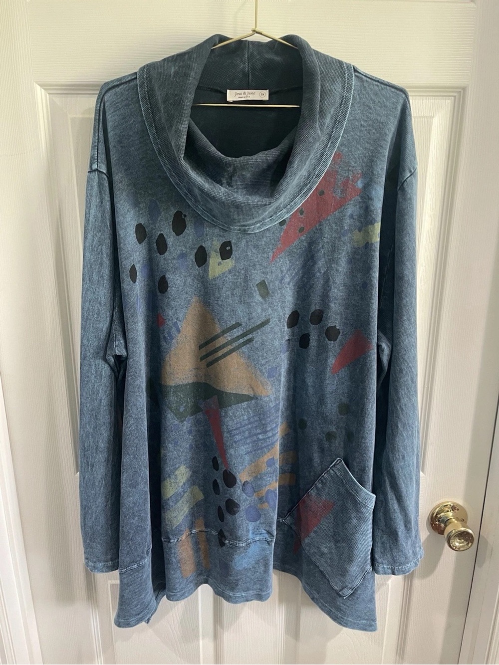 Jess & Jane Washed Blue Abstract Print Cowl-Neck Women's Top